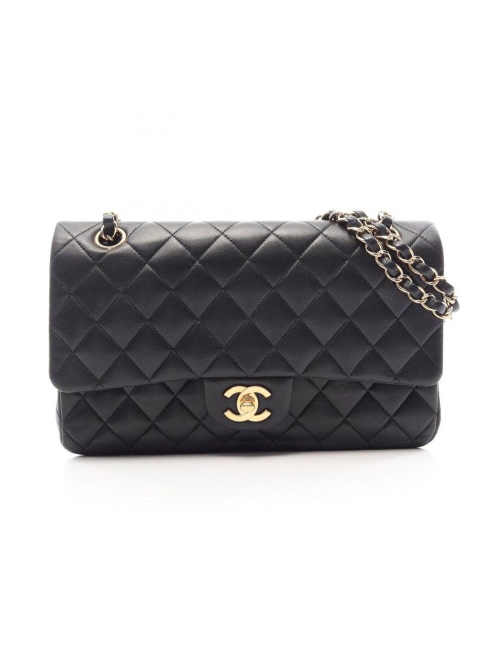 Chanel Shoulder Bag Quilted Double Flap Black Lambskin Chain